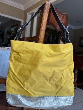 Danier Yellow Nylon Tote with Metallic Silver Trim & Leather Strap